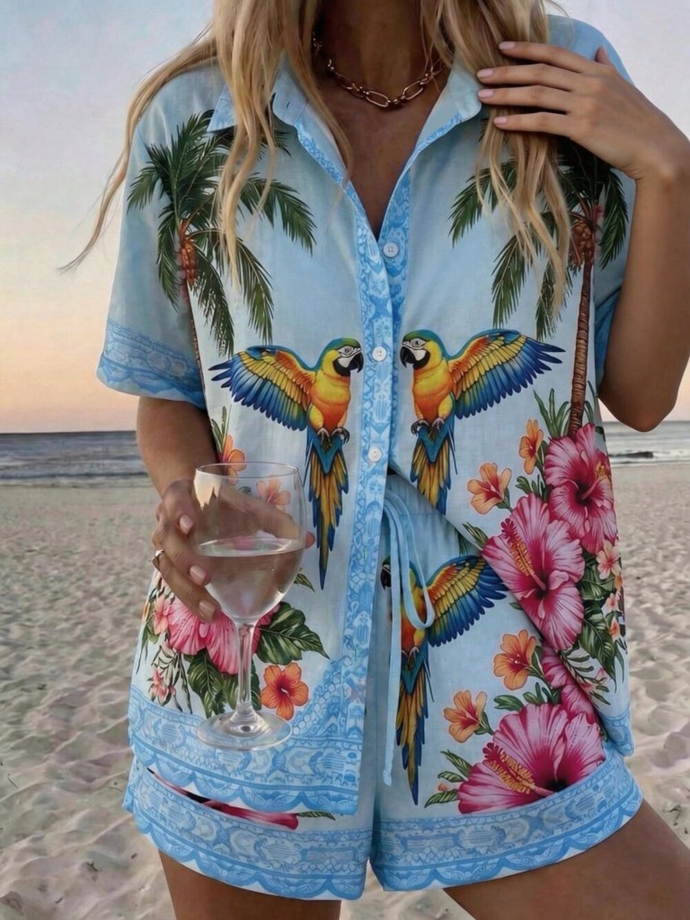 Baby Blue Boho Women's Casual Coconut Tree Floral Print Top and Shorts Set - Picture 4 of 5